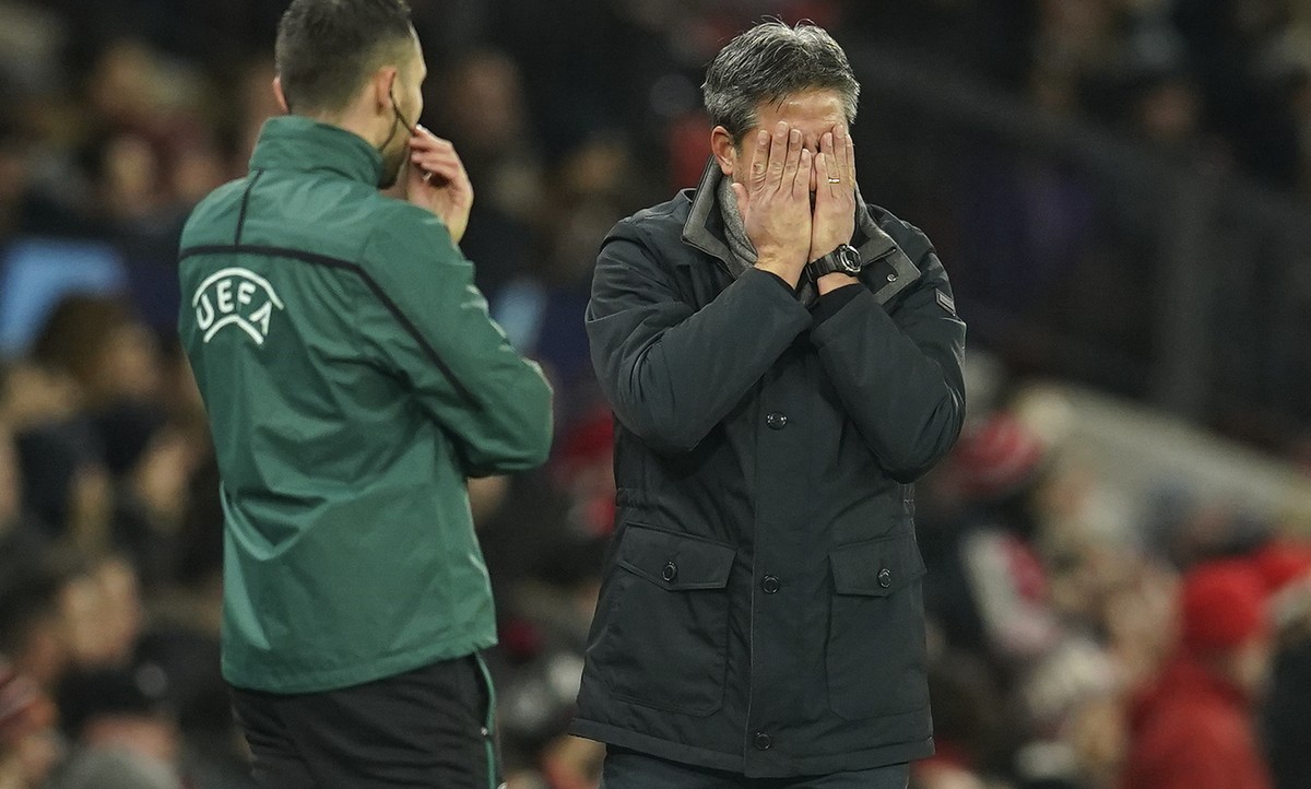 Young Boys' head coach David Wagner reacts during the Champions League group F soccer match between Manchester United and Young Boys, at Old Trafford stadium in Manchester, England, Wednesday, De ...