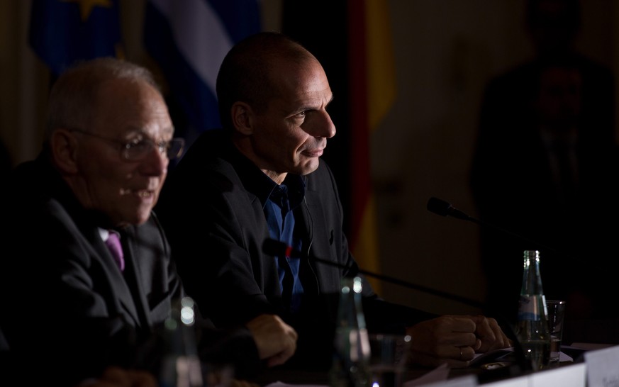 Der deutsche Finanzminister Wolfgang Schäuble und der griechische Finanzminister Yanis Varoufakis bei einer gemeinsamen Medienkonferenz.&nbsp;