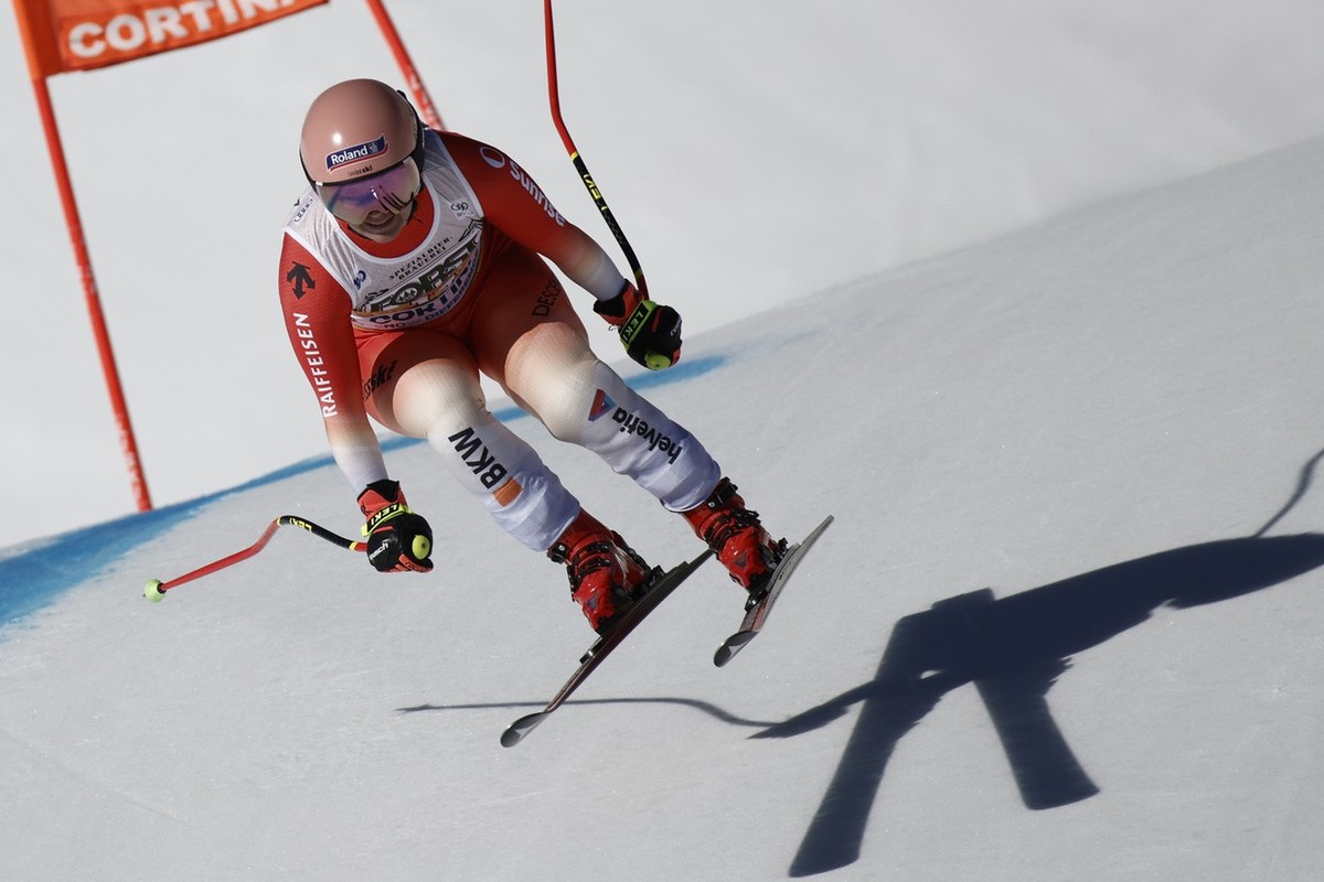 Switzerland's Joana Haehlen speeds down the course during an alpine ski, women's World Cup downhill race, in Cortina d'Ampezzo, Italy, Saturday, Jan. 27, 2024. (AP Photo/Gabriele Faccio ...