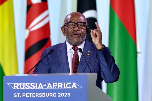 epa10774093 A handout photo made available by TASS Host Photo Agency shows President of the Union of Comoros Azali Assoumani addressing a press statement during the Second Summit &#039;Russia-Africa&# ...
