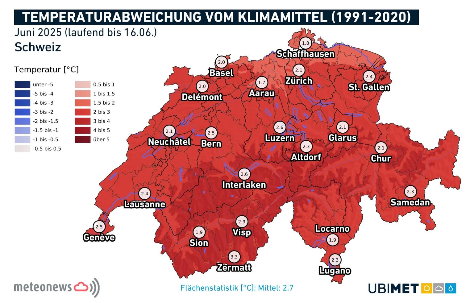 Temperaturabweichung 1. Hälfte Juni 2025