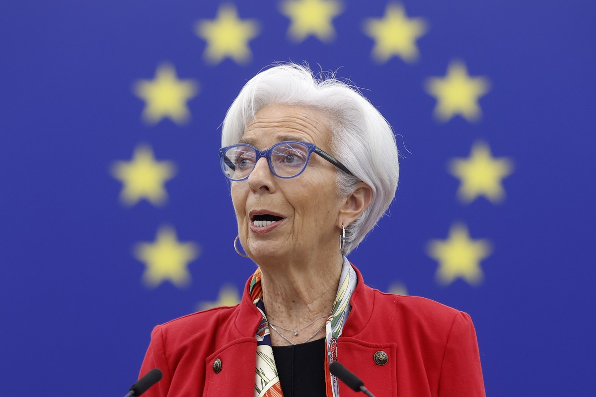 FILE - The President of European Central Bank, Christine Lagarde, delivers a speech at the European Parliament in Strasbourg, France, on Feb. 15, 2023. Inflation fell again in Europe in August, suppor ...