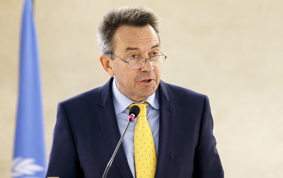 epa06566317 Swiss Peter Maurer, President of the International Committee of the Red Cross (ICRC), delivers his statement during the High-Level Segment of the 37th session of the Human Rights Council,  ...