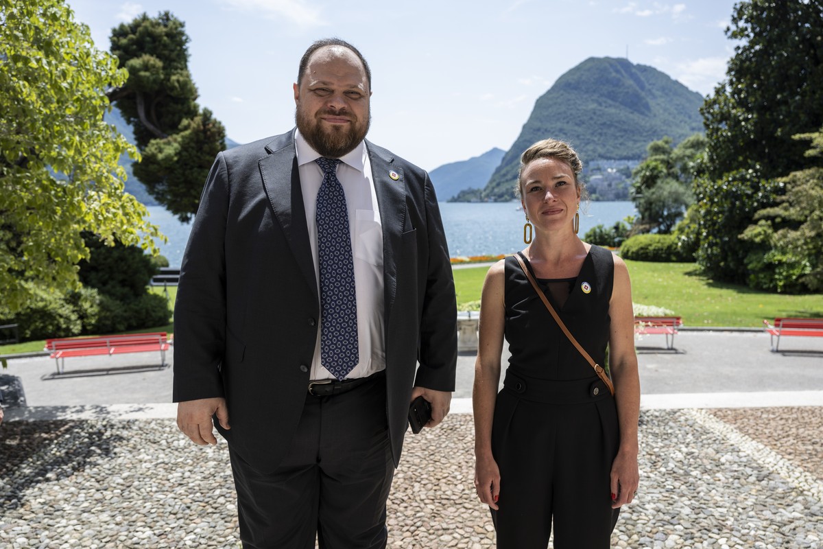 Ukrainian Speaker of the Verkhovna Rada, Ruslan Stefanchuk, left, and his Swiss counterpart, President of the National Council, Irene Kaelin, stand for a photo during the Ukraine Recovery Conference U ...