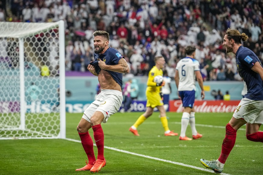 France&#039;s Olivier Giroud celebrates after scoring his side&#039;s second goal during the World Cup quarterfinal soccer match between England and France, at the Al Bayt Stadium in Al Khor, Qatar, S ...