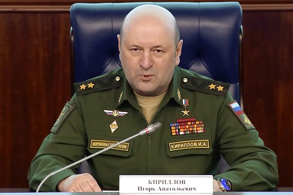 FILE - In this photo taken from video released by the Russian Defense Ministry Press Service on Feb. 28, 2023, Lt. Gen. Igor Kirillov, head of Russia&#039;s Nuclear, Biological, and Chemical Defense F ...