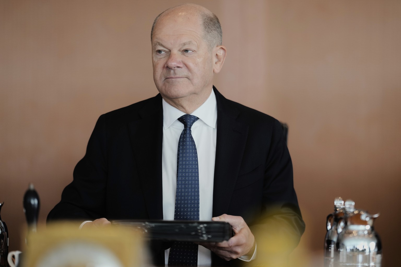 Outgoing German Chancellor Olaf Scholz attends a cabinet meeting at the chancellery in Berlin, Germany, Wednesday, April 2, 2025. (AP Photo/Markus Schreiber)
Germany Politics