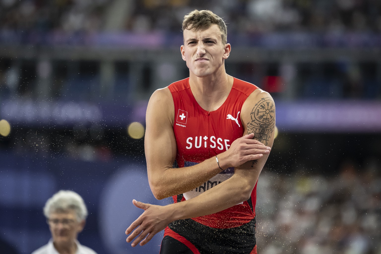 Simon Ehammer of Switzerland reacts during the men&#039;s athletics long jump finals at the 2024 Paris Summer Olympics in Paris, France, Tuesday, August 6, 2024. (KEYSTONE/Anthony Anex)