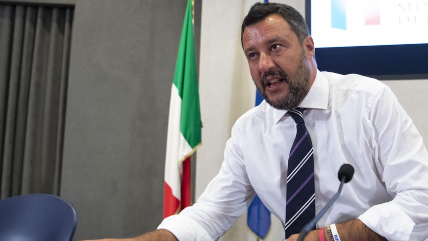 epa07759233 Italian vice premier and Interior minister, Matteo Salvini speaks during the press conference at the end of the meeting with the industrial and trade union organizations, at the Viminale b ...