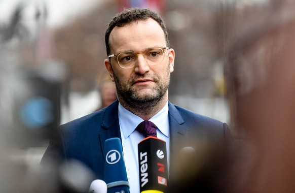 epa08199775 German Minister of Health Jens Spahn spaks to media as he arrives to the Christian Democrats (CDU) federal party headquarters in Berlin, Germany, 07 February 2020. German political parties ...