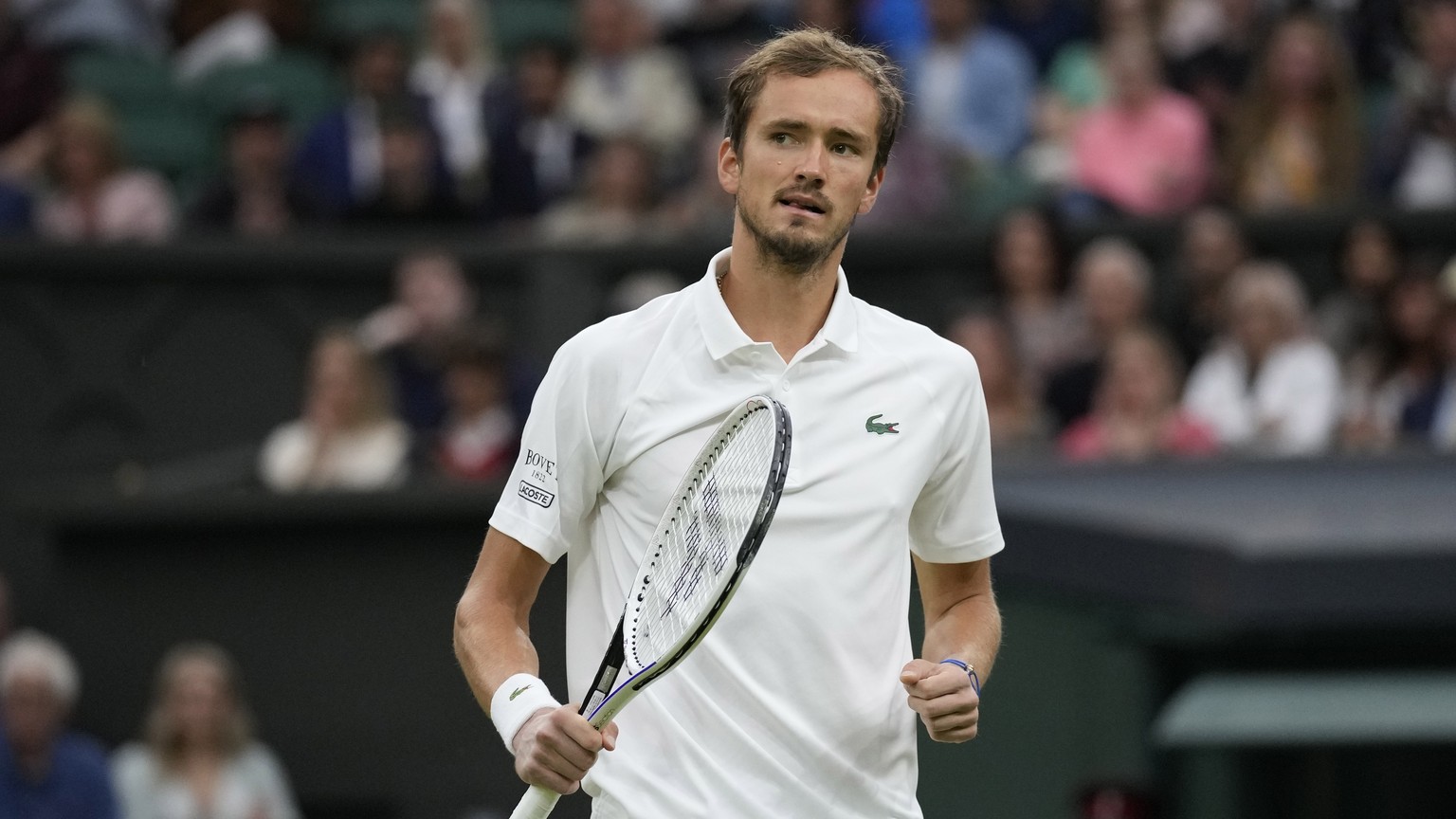 CAPTION CORRECTS SPELLING OF PLAYER&#039;S SURNAME TO HURKACZ Russia&#039;s Daniil Medvedev celebrates a point during the men&#039;s singles fourth round match against Poland&#039;s Hubert Hurkacz on  ...