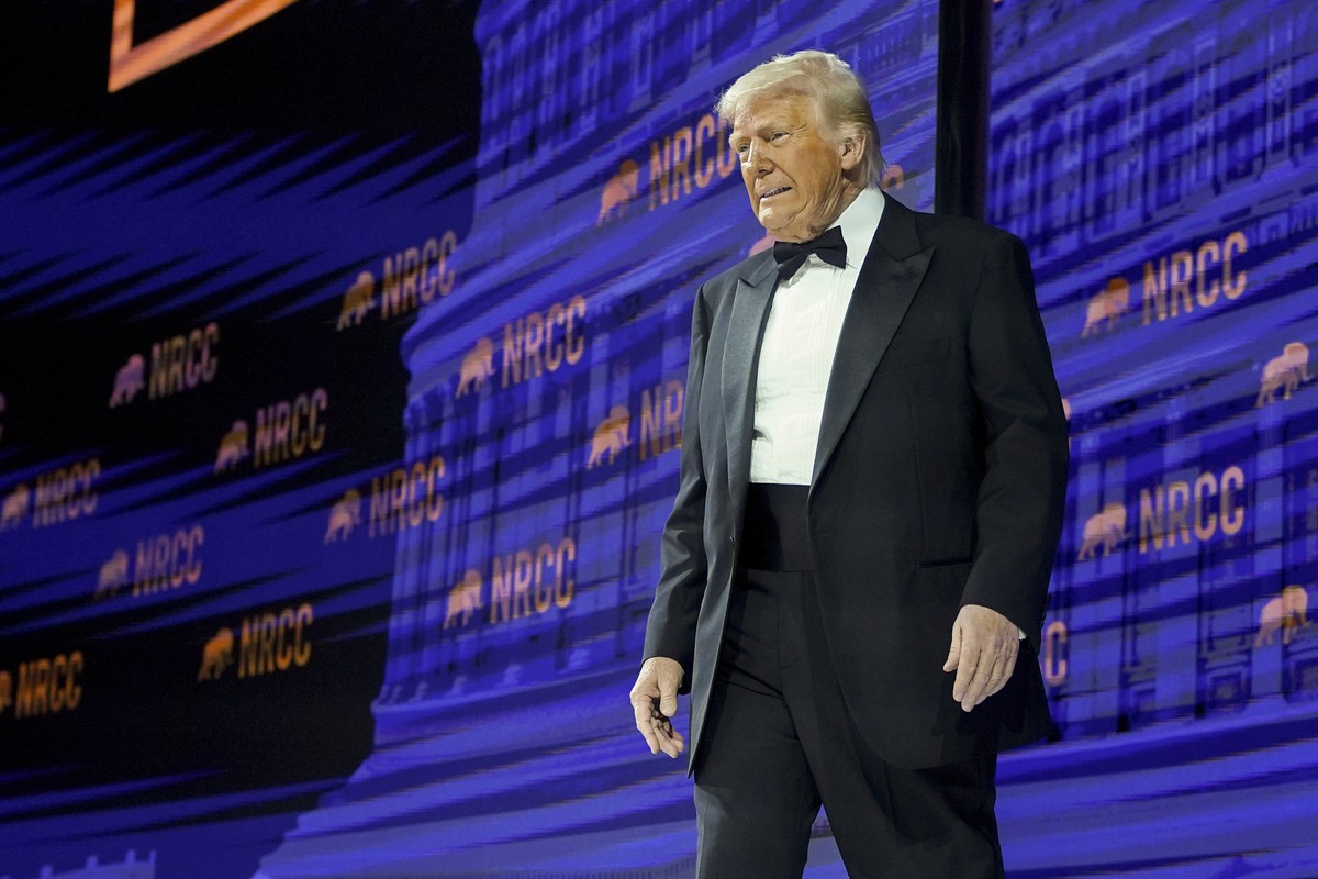 President Donald Trump arrives to speak at the National Republican Congressional Committee (NRCC) dinner at the National Building Museum in Washington, Tuesday, April 8, 2025. (Pool via AP)
Trump
