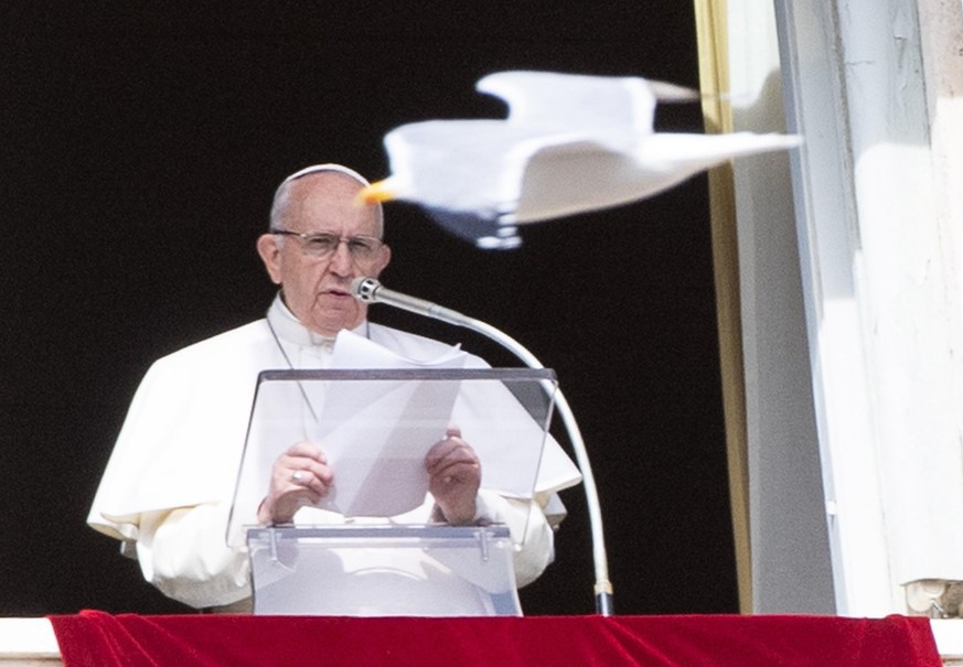 epa07358180 A bird flies by in front of Pope Francis while he holds the Angelus&#039; Prayer from a window of his office overlooking Saint Peter&#039;s Square at the Vatican City, 10 February 2019. EP ...