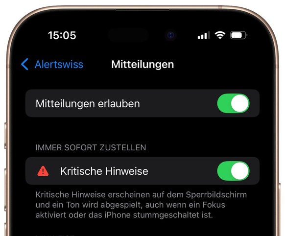 iPhone-Systemeinstellungen zur Alertswiss-App