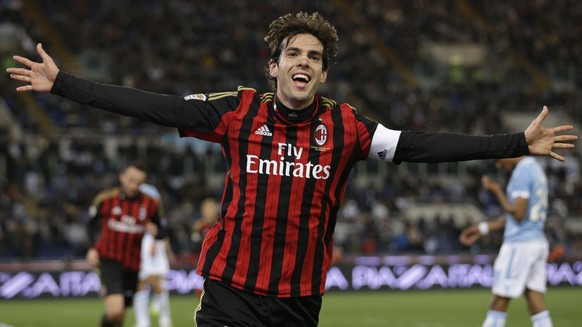 FILE - In this March 23, 2014 file photo, AC Milan&#039;s Kaka celebrates after he scored during a soccer match against Lazio at Rome&#039;s Olympic Stadium. Kaka has ended his contract with AC Milan, ...