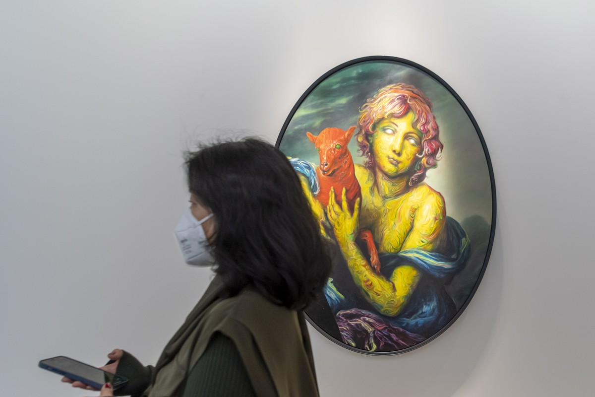 epa09483450 The artwork 'Wild Horses' (2007) by British artist Glenn Brown is on display at the international art show Art Basel, in Basel, Switzerland, 23 September 2021. The art fair opens ...