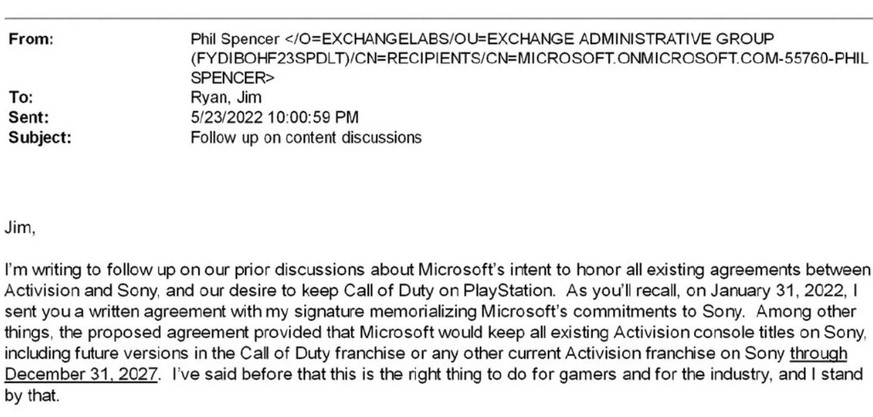 Excerpt from an email from Xbox boss Phil Spencer mentioning Microsoft's original offer to Sony.