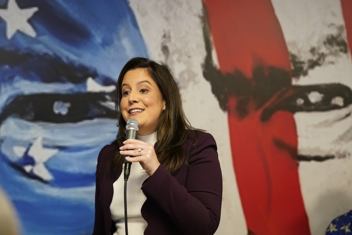 House Republican Conference Chair Elise Stefanik, R-N.Y., speaking at Team Trump New Hampshire headquarters, Saturday, Jan. 20, 2024, in Manchester, NH. (AP Photo/Pablo Martinez Monsivais)
Elise Stefa ...