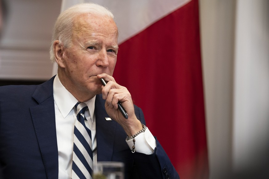 epa09045541 US President Joe Biden participates in a virtual bilateral meeting with President Andres Manuel Lopez Obrador of Mexico in the Roosevelt Room of the White House in Washington, DC, USA, 01  ...