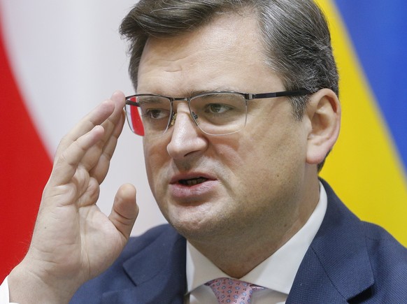 epa09737863 Ukrainian Foreign Minister Dmytro Kuleba attends a news briefing following talks with his counterparts from the Czech Republic, Slovakia and Austria, in Kiev, Ukraine, 08 February 2022. EP ...