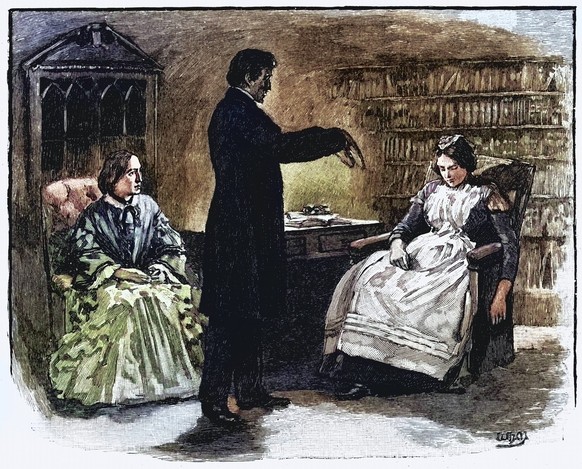 Männlicher Hypnotiseur, der eine junge Frau in hypnotische Trance versetzt. Holzstich, 1891, Historisch, digital restaurierte Reproduktion von einer Vorlage aus dem 19. Jahrhundert, Record date not st ...