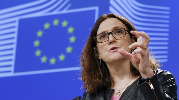 epa06586579 European Commissioner for Trade Cecilia Malmstrom gives a press conference in Brussels, Belgium, 07 March 2018. European Commission responds to the US restrictions on steel and aluminium a ...