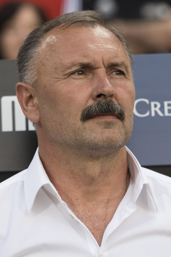 Belarus national soccer head coach Igor Kriushenko, reacts during a friendly soccer match on the side line of the 2018 Fifa World Cup group B qualification between Switzerland and Belarus at the Stadi ...