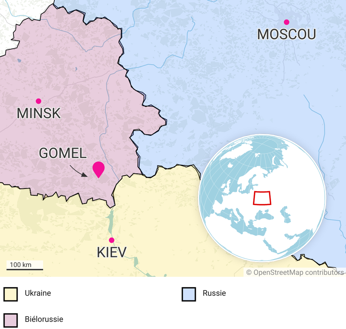 Gomel, Minsk, Kiev et Moscou: carte de la situation.
