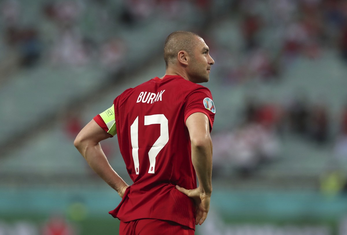 Turkey's Burak Yilmaz reacts after a missed scoring opportunity during the Euro 2020 soccer championship group A match between Turkey and Wales at at the Baku Olympic Stadium in Baku, Wednesday,  ...