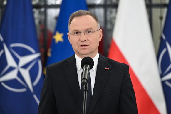 epa11946849 President of the Republic of Poland Andrzej Duda gives a statement to the media in the Sejm in Warsaw, Poland, 07 March 2025. Duda will attend a Sejm session during which he will hear a br ...