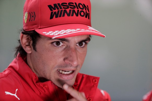 epa09580902 Spanish Carlos Sainz of Ferrari gives a statement after the second day of Formula One Grand Prix of Brazil at Autodromo Jose Carlos Pace in Sao Paulo, Brazil, 13 November 2021. The race wi ...