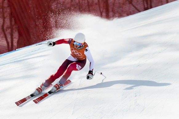 Michelle Gisin of Switzerland in action during the women Alpine Skiing downhill training in the Jeongseon Alpine Center during the XXIII Winter Olympics 2018 in Pyeongchang, South Korea, on Monday, Fe ...