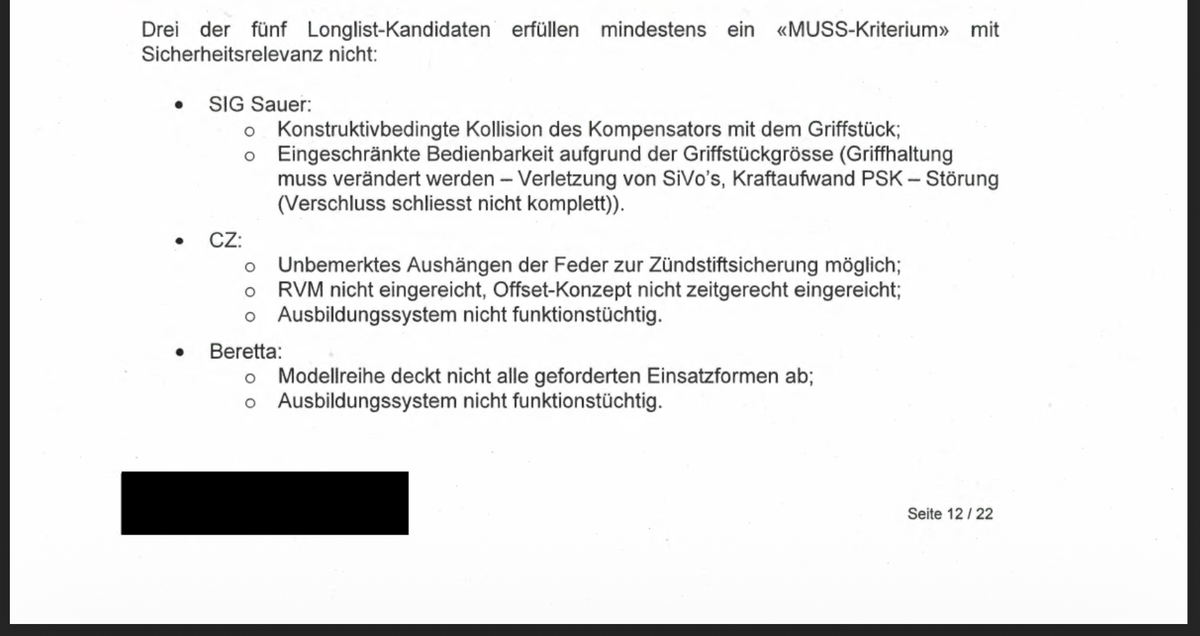 Vorevaluationsbericht Armasuisse zur neuen Schweizer Armeepistole (2024). Screenshot: watson