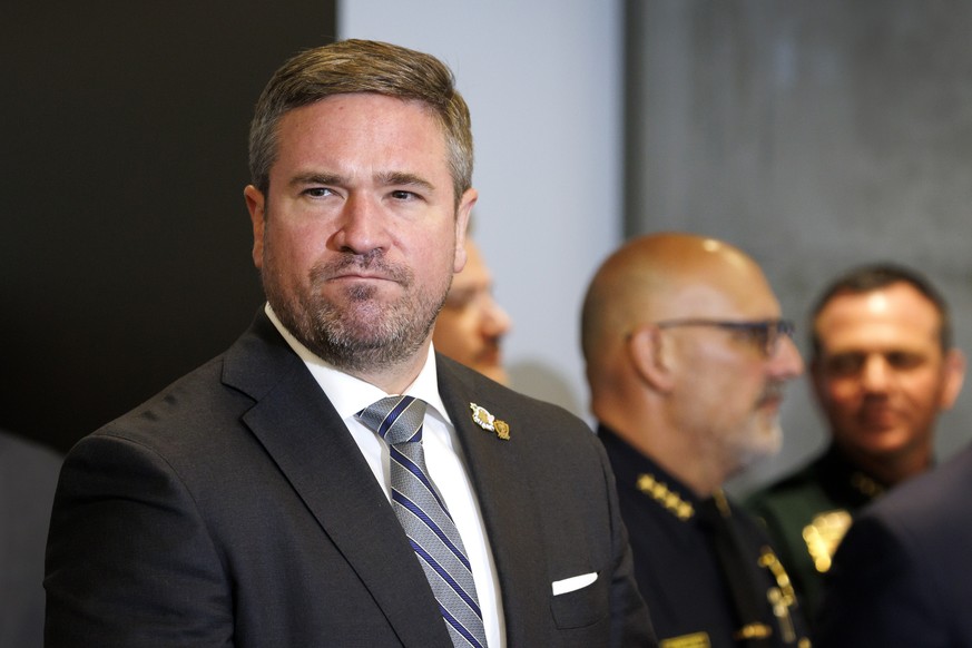 epa13003612 FBI Deputy Director Andrew Bailey speaks during a press conference regarding security for upcoming World Cup matches at FBI Miami headquarters in Miramar, Florida, USA, 29 May 2026. Author ...