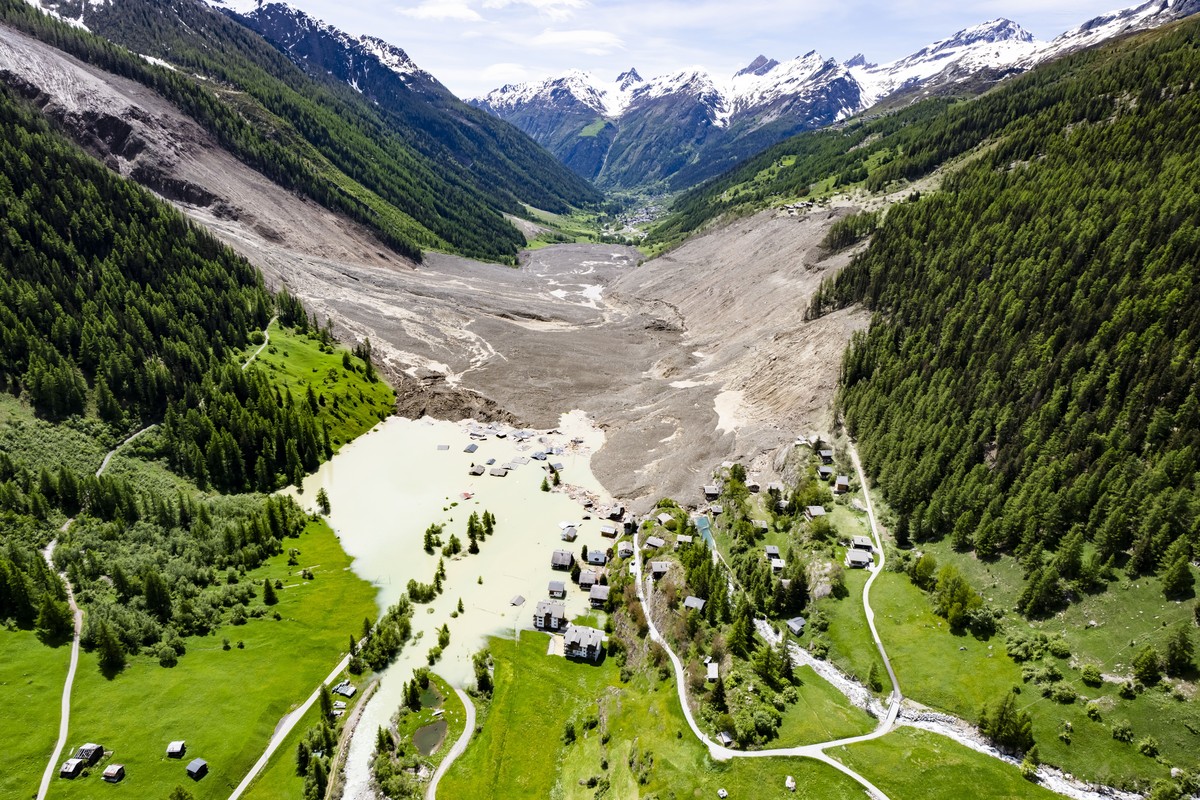 epa12143137 An aerial view shows the destruction of Blatten village after a massive avalanche triggered by the collapse of the Birch Glacier, Switzerland, 29 May 2025. One person went missing, and num ...
