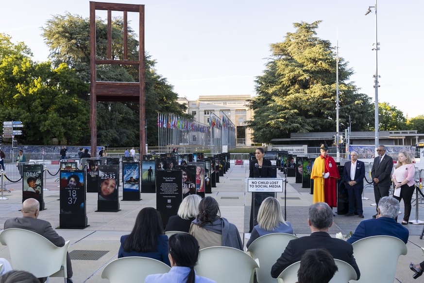 Meghan Markle, the Duchess of Sussex speaks during the inauguration of "The Lost Screen Memorial" exhibition for the unveiling of a temporary memorial to protect children from online abuse p ...