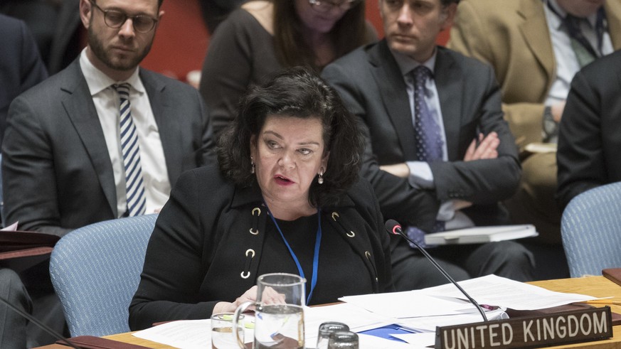 British Ambassador to the United Nations Karen Pierce speaks during a Security Council meeting on the situation between Britain and Russia Thursday, April 5, 2018 at United Nations headquarters. (AP P ...