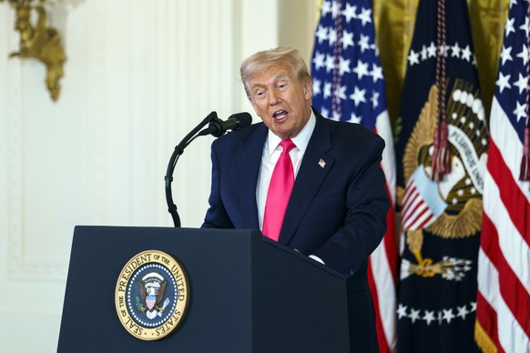 epa12524151 US President Donald Trump speaks during the signing ceremony for the &#039;Fostering the Future&#039; executive order, championed by the first lady, in the East Room of the White House in  ...