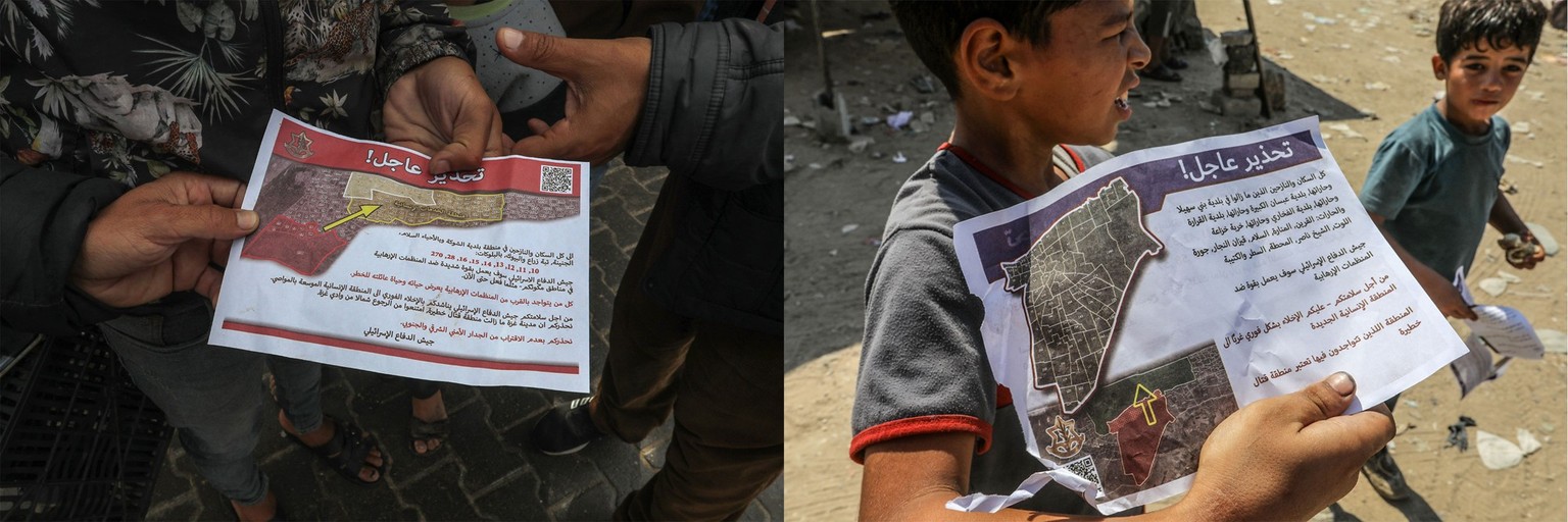 Im Bild links zeigen Palästinenser einen Evakuierungsbefehl von Anfang Mai, der per Luft über Gaza abgeworfen wurde. Das Bild rechts zeigt einen weiteren per Luft überbrachten Evakuierungsbefehl von E ...