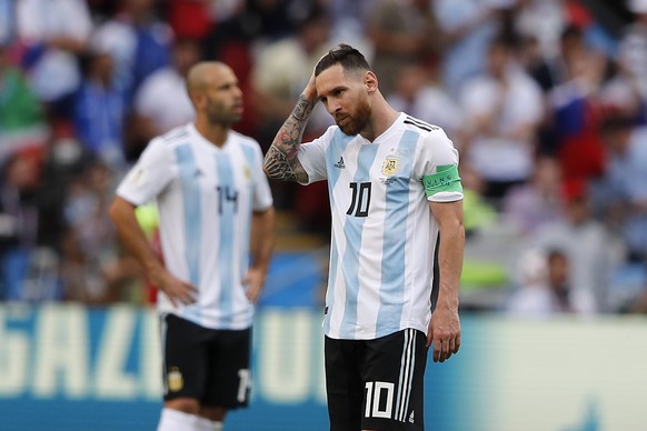 Argentina&#039;s Lionel Messi stands after France&#039;s Antoine Griezmann scored his side&#039;s opening goal during the round of 16 match between France and Argentina, at the 2018 soccer World Cup a ...