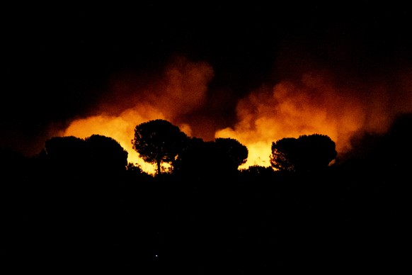 epa13154971 A view of the blaze as emergency services work to extinguish a wildfire registered in Niebla, Huelva, Spain, early 07 August 2026. The fire started in the afternoon of the previous day, fo ...
