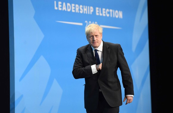 epa07723314 Boris Johnson speaks at a Conservative Party leadership campaign hustings at the Excel Centre in London, Britain 17 July 2019. The two contenders, Jeremy Hunt and Boris Johnson, are compet ...