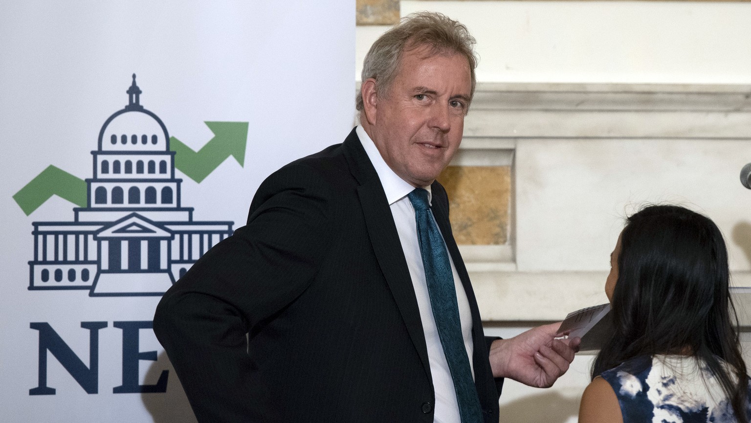 In this Friday, Oct. 20, 2017 photo, British Ambassador Kim Darroch hosts a National Economists Club event at the British Embassy in Washington. Leaked diplomatic cables published Sunday, July 7,2 019 ...