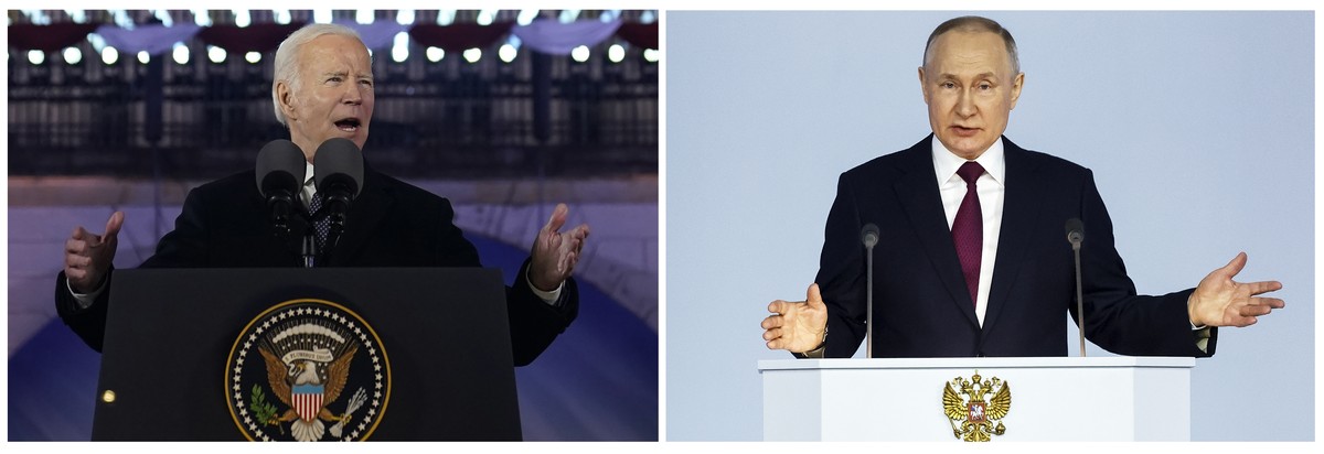 In this combo photo Russian President Vladimir Putin, right, gestures as he gives his annual state of the nation address in Moscow, Russia, Tuesday, Feb. 21, 2023 and on the same day at left, Presiden ...