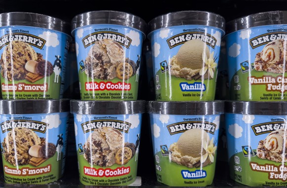 epa11229903 Pints of Ben Jerry?s ice cream for sale in Washington, DC, USA, 19 March 2024. British consumer goods company Unilever announced it plans to spin off Ben &amp; Jerry?s, along with its othe ...