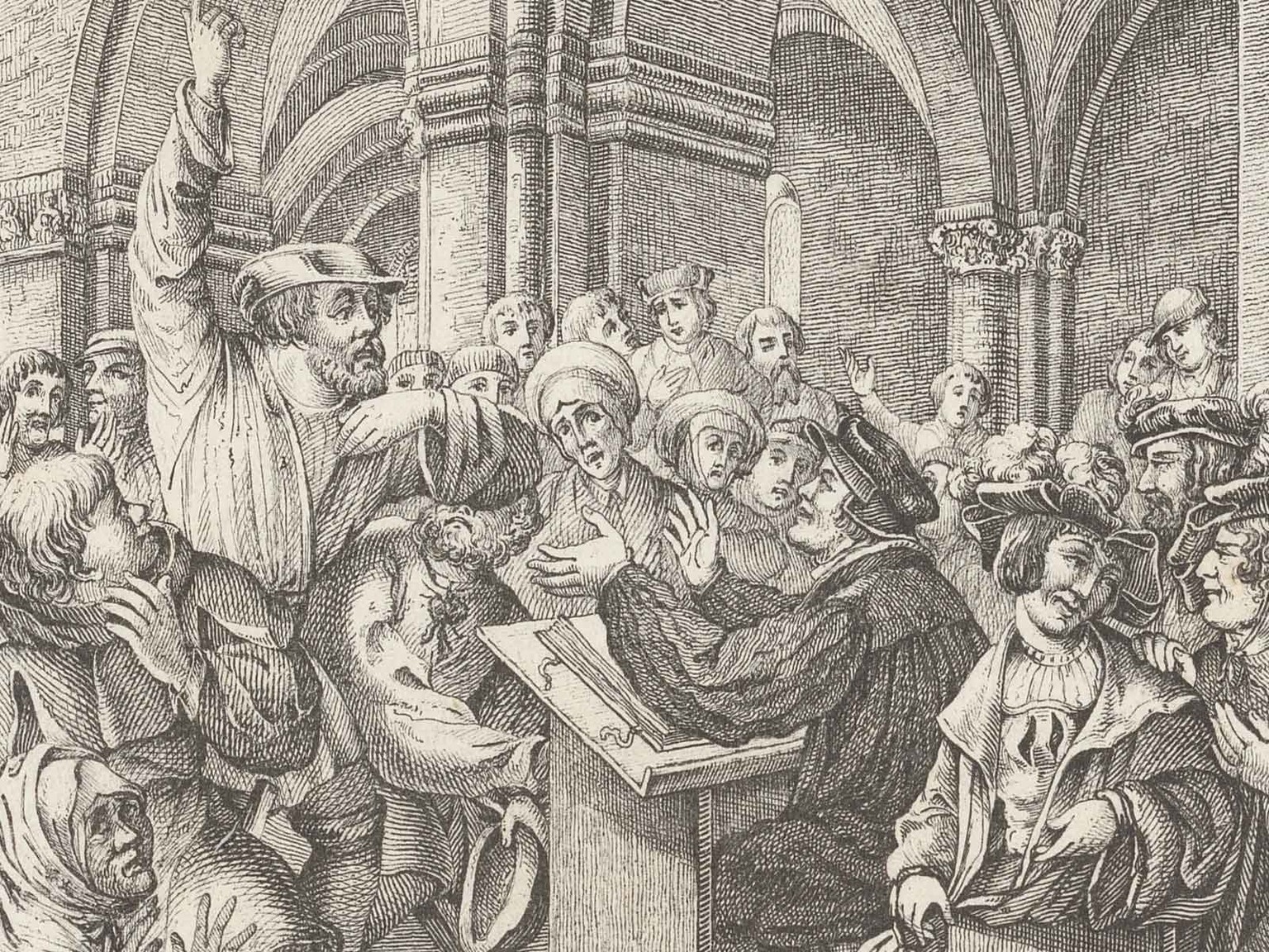 Der Reformator Zwingli im Disput mit Täuferinnen und Täufern, Lithografie von 1842.
https://www.e-rara.ch/zuz/content/titleinfo/28140872