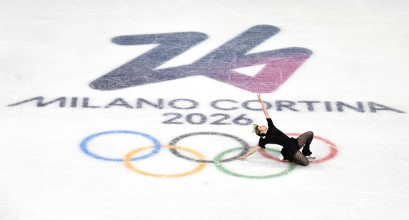 epa12704434 A figure skater attends a training session at the practice rink of the Ice Skating Arena of the Milano Cortina 2026 Winter Olympic Games in Milan, Italy, 04 February 2026. EPA/DANIEL DAL Z ...