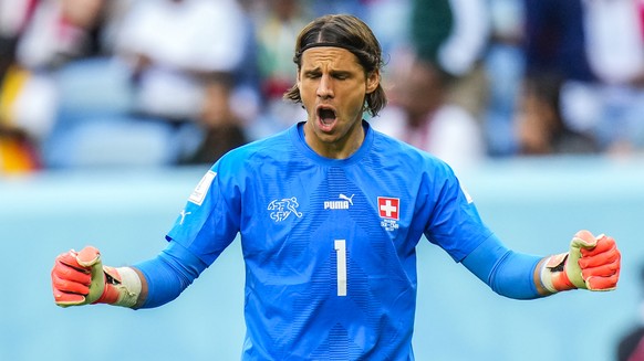Switzerland's goalkeeper Yann Sommer reacts during the World Cup group G soccer match between Switzerland and Cameroon, at the Al Janoub Stadium in Al Wakrah, Qatar, Thursday, Nov. 24, 2022. (AP ...