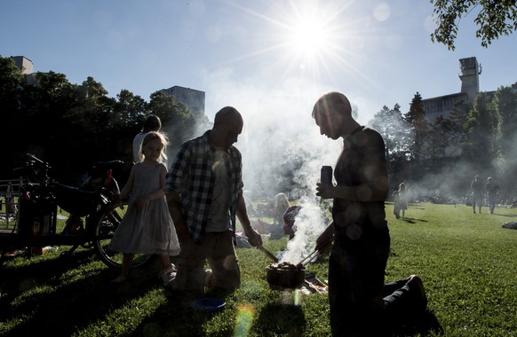 Menschen grillieren in der Abendsonne auf der Josefwiese in Zuerich, am Samstag, 24. Mai 2014. (KEYSTONE/Ennio Leanza)