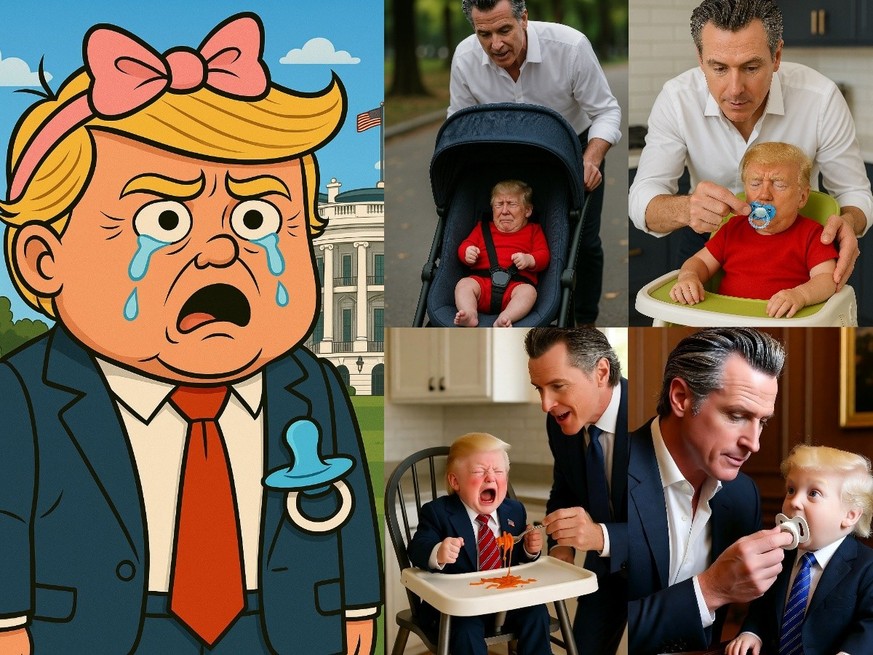 KI-generiert: Trump als weinendes Baby, Gavin Newsom als Vater